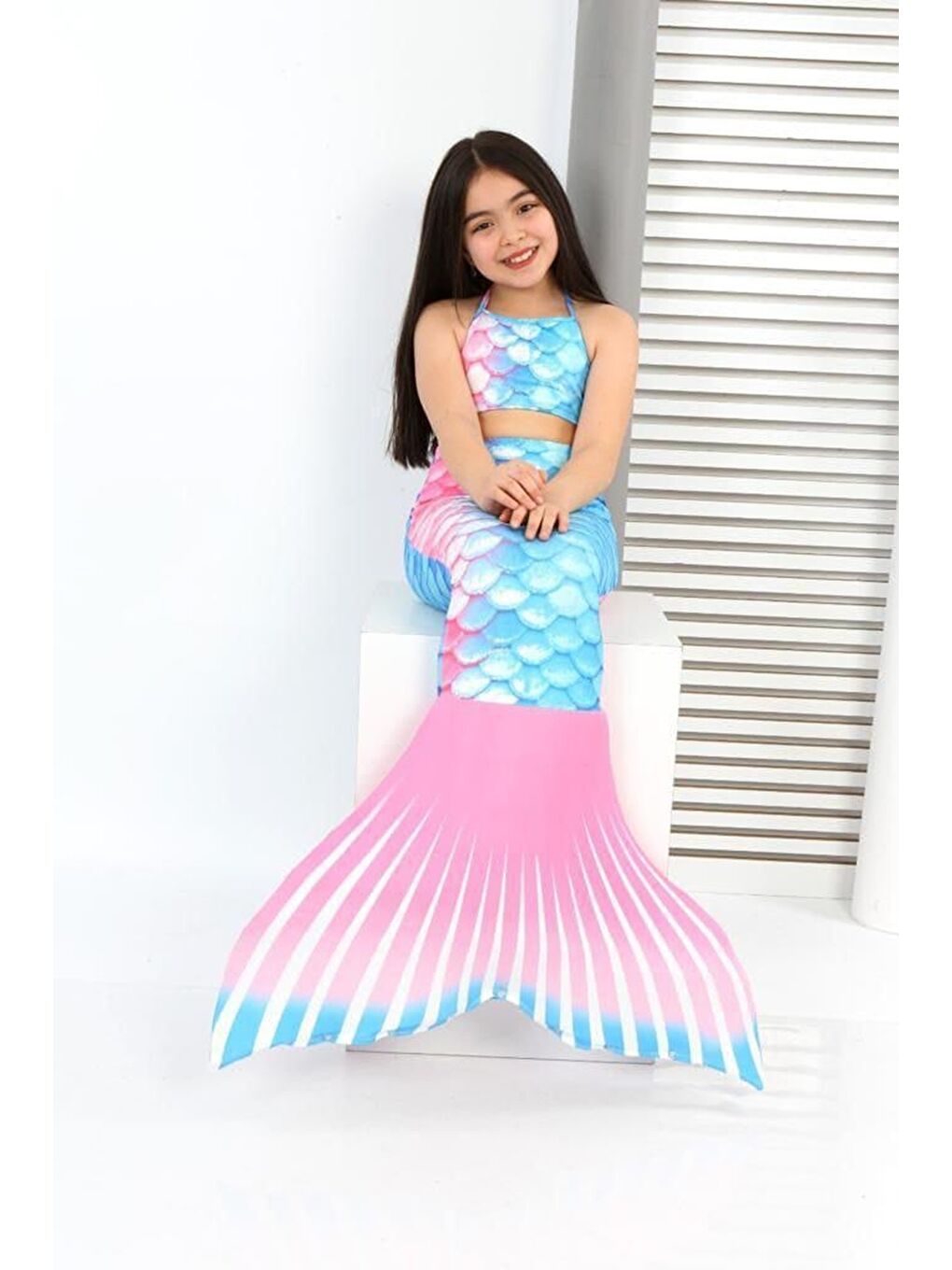 Mavi Kız Çocuk Denizkızı Kostümlü Mayo Takımı (Alt+Üst+Kostüm) 3-12 Yaş 12215
