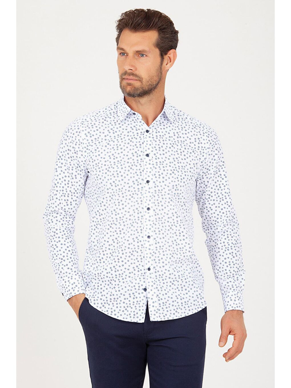 Lacivert Slim Fit Baskılı Pamuklu Uzun Kol Spor Gömlek