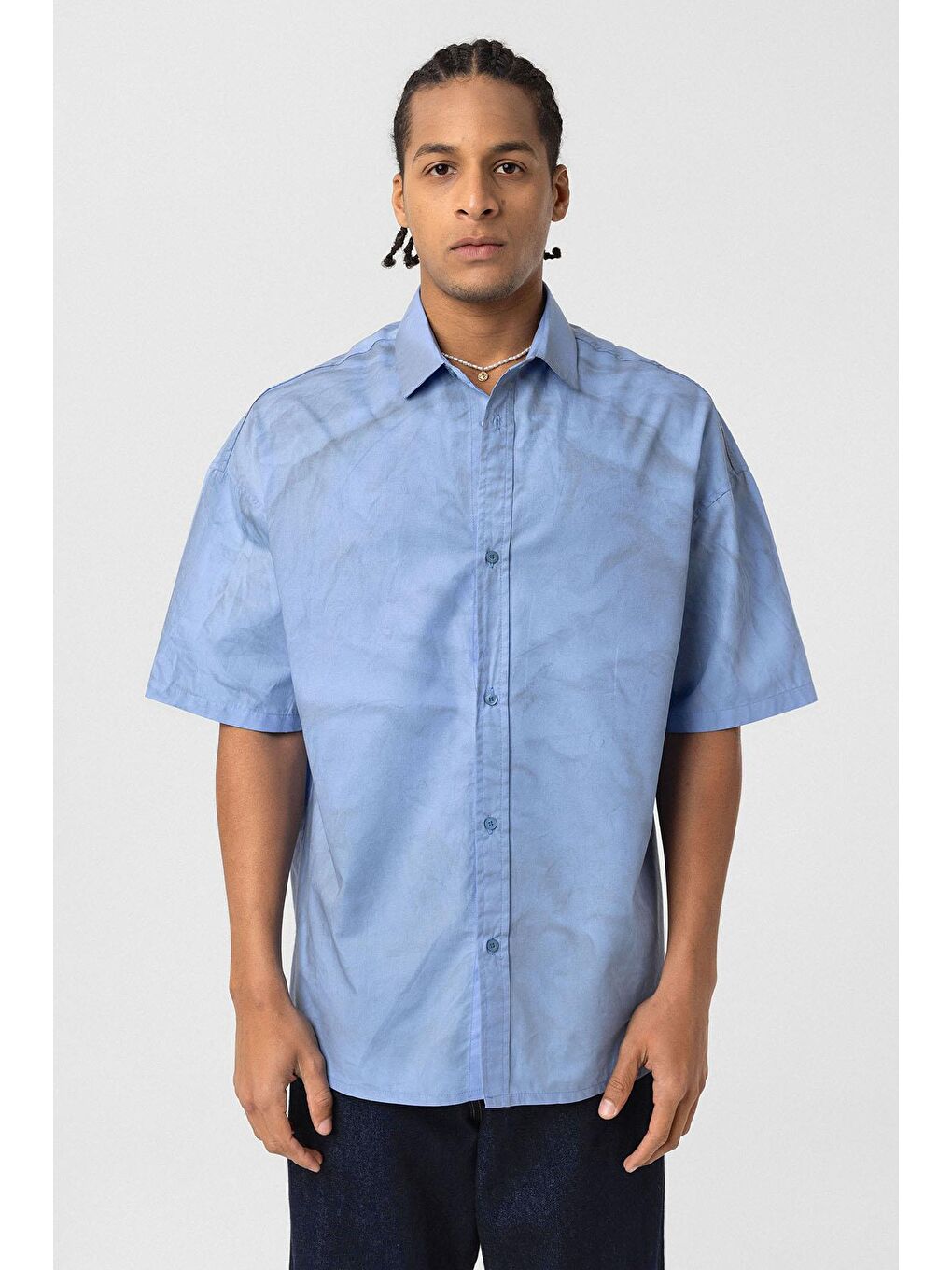 Oversize Yıkamalı Poplin Gömlek Mavi-2