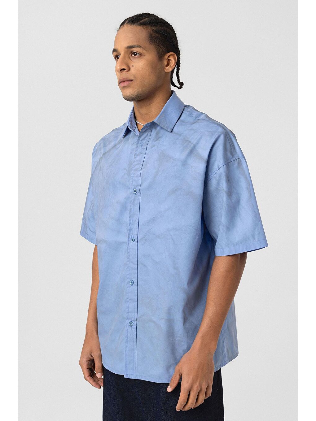Oversize Yıkamalı Poplin Gömlek Mavi-4