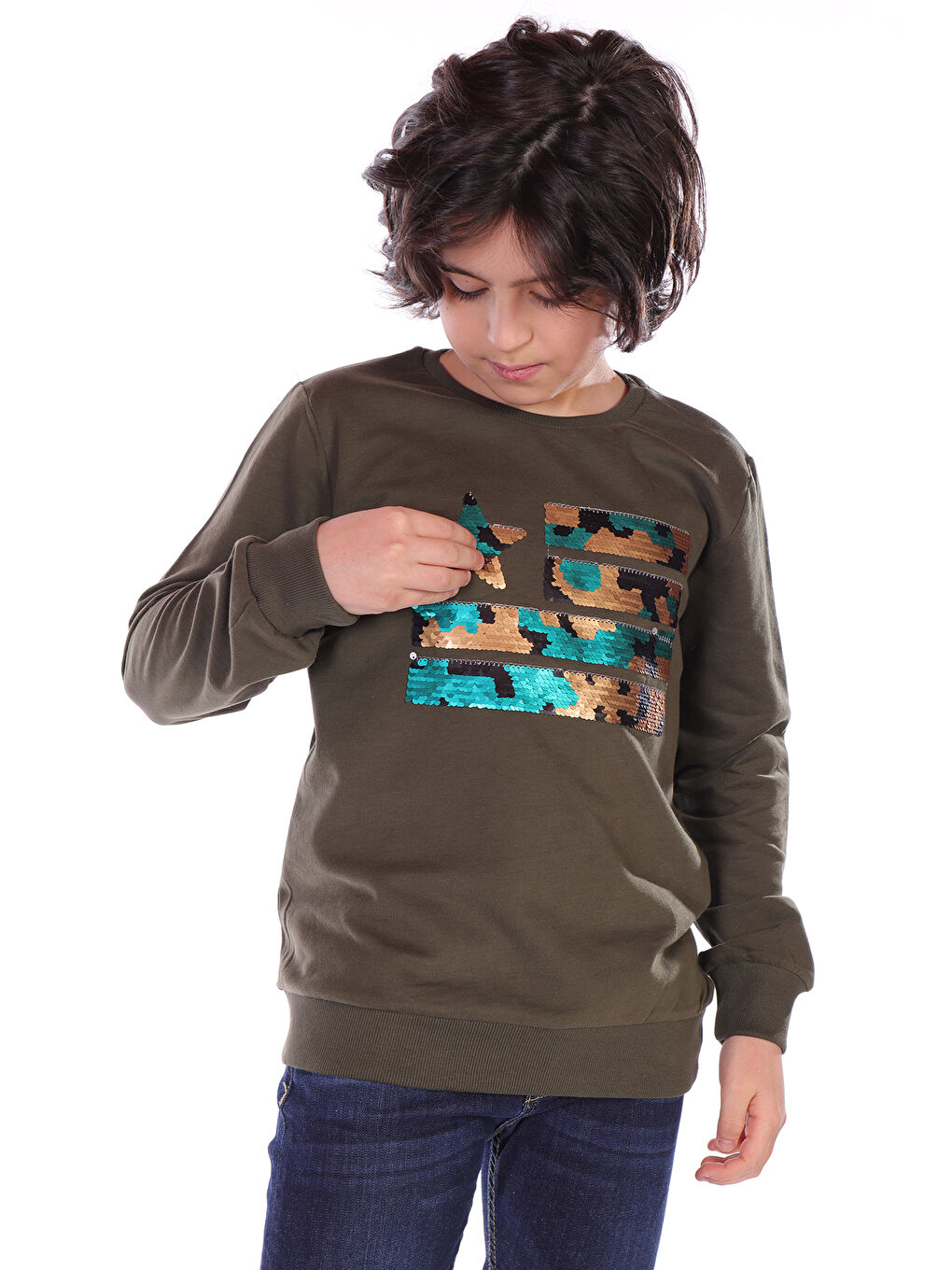 Toontoykids Haki Erkek Çocuk Kamuflaj Pullu Sweatshirt