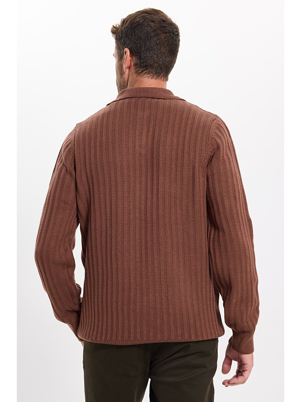 Erkek Standart Fit Normal Kesim Polo Yaka Kahverengi Kazak-6