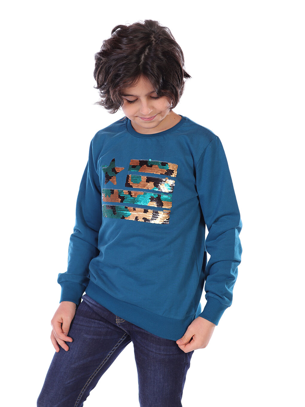 Toontoykids Petrol-Mavi Erkek Çocuk Kamuflaj Pullu Sweatshirt