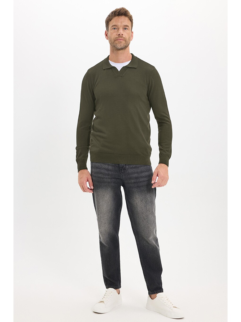 Erkek Standart Fit Normal Kesim Polo V Yaka Yeşil Triko Kazak-1