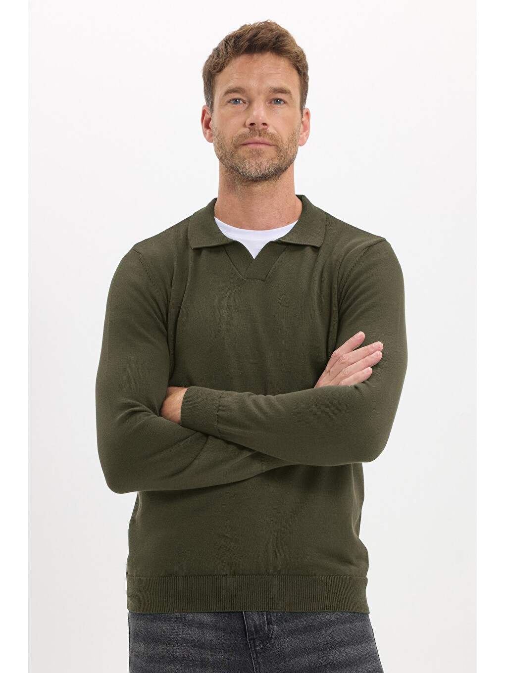 Erkek Standart Fit Normal Kesim Polo V Yaka Yeşil Triko Kazak-2