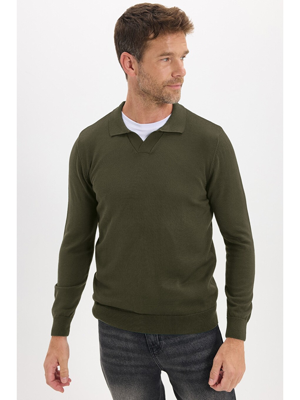 Erkek Standart Fit Normal Kesim Polo V Yaka Yeşil Triko Kazak-5