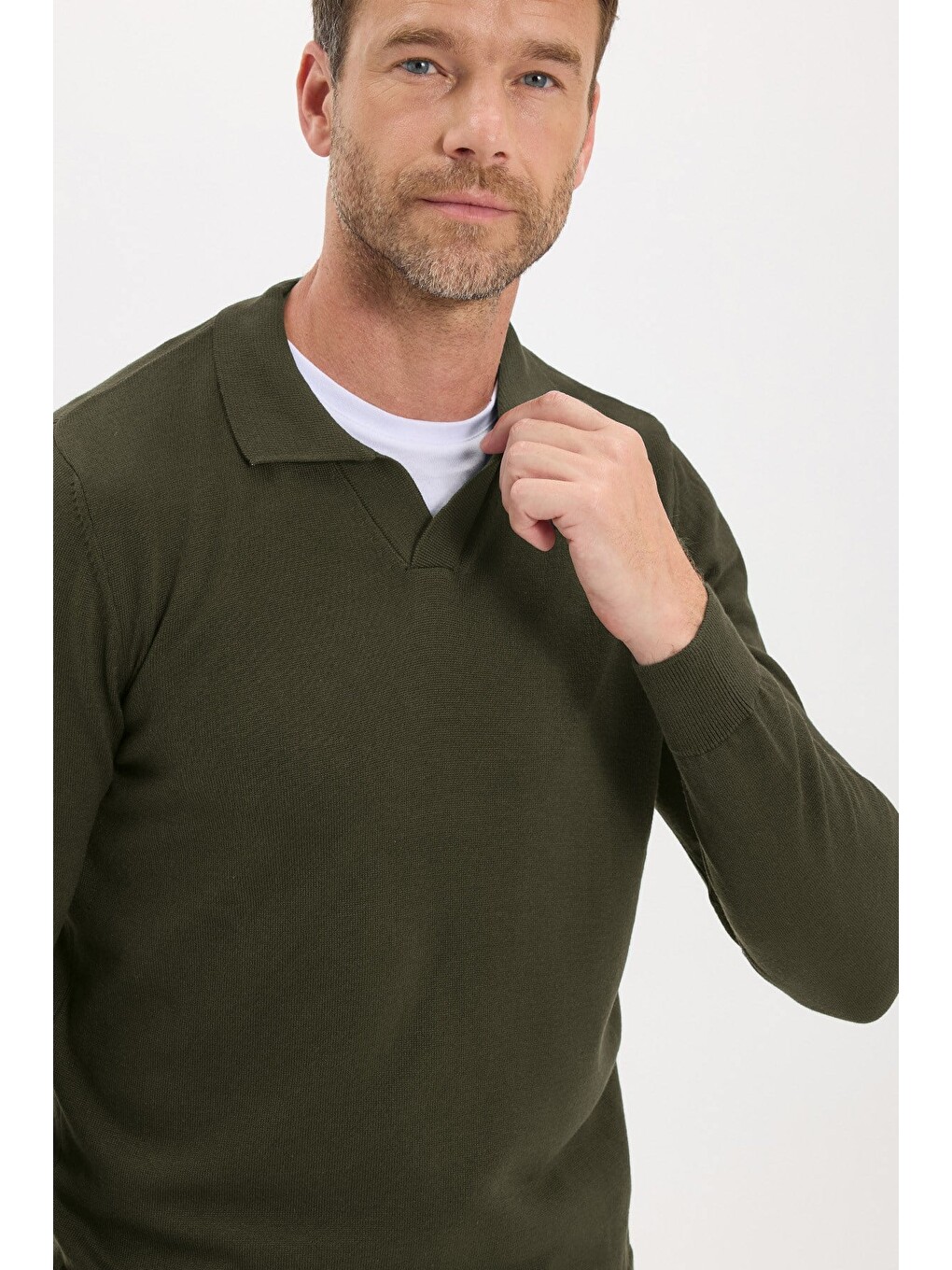 Erkek Standart Fit Normal Kesim Polo V Yaka Yeşil Triko Kazak-6