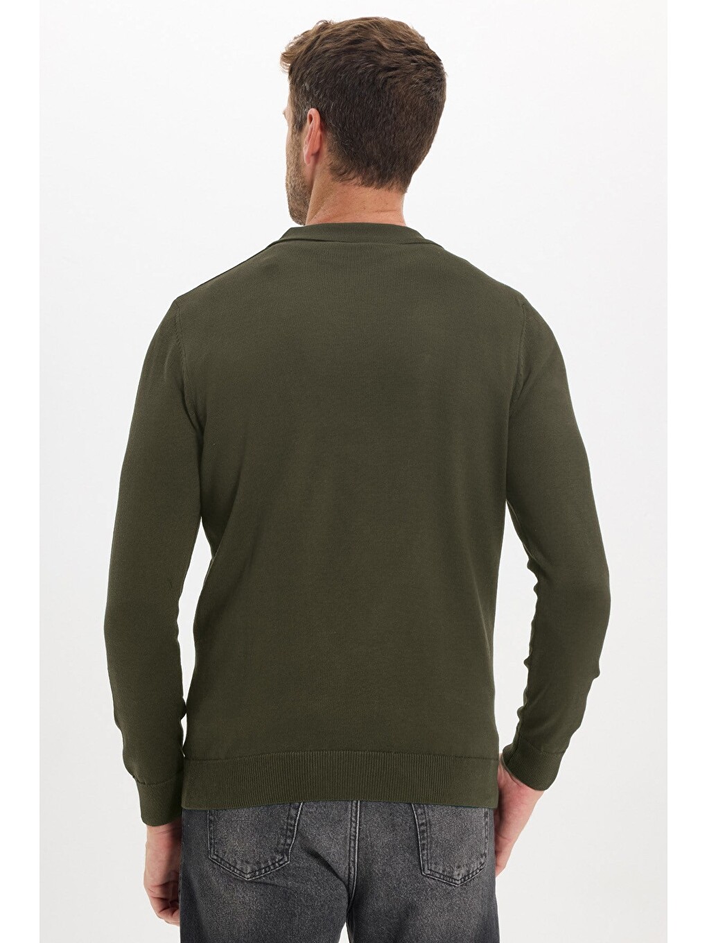 Erkek Standart Fit Normal Kesim Polo V Yaka Yeşil Triko Kazak-7