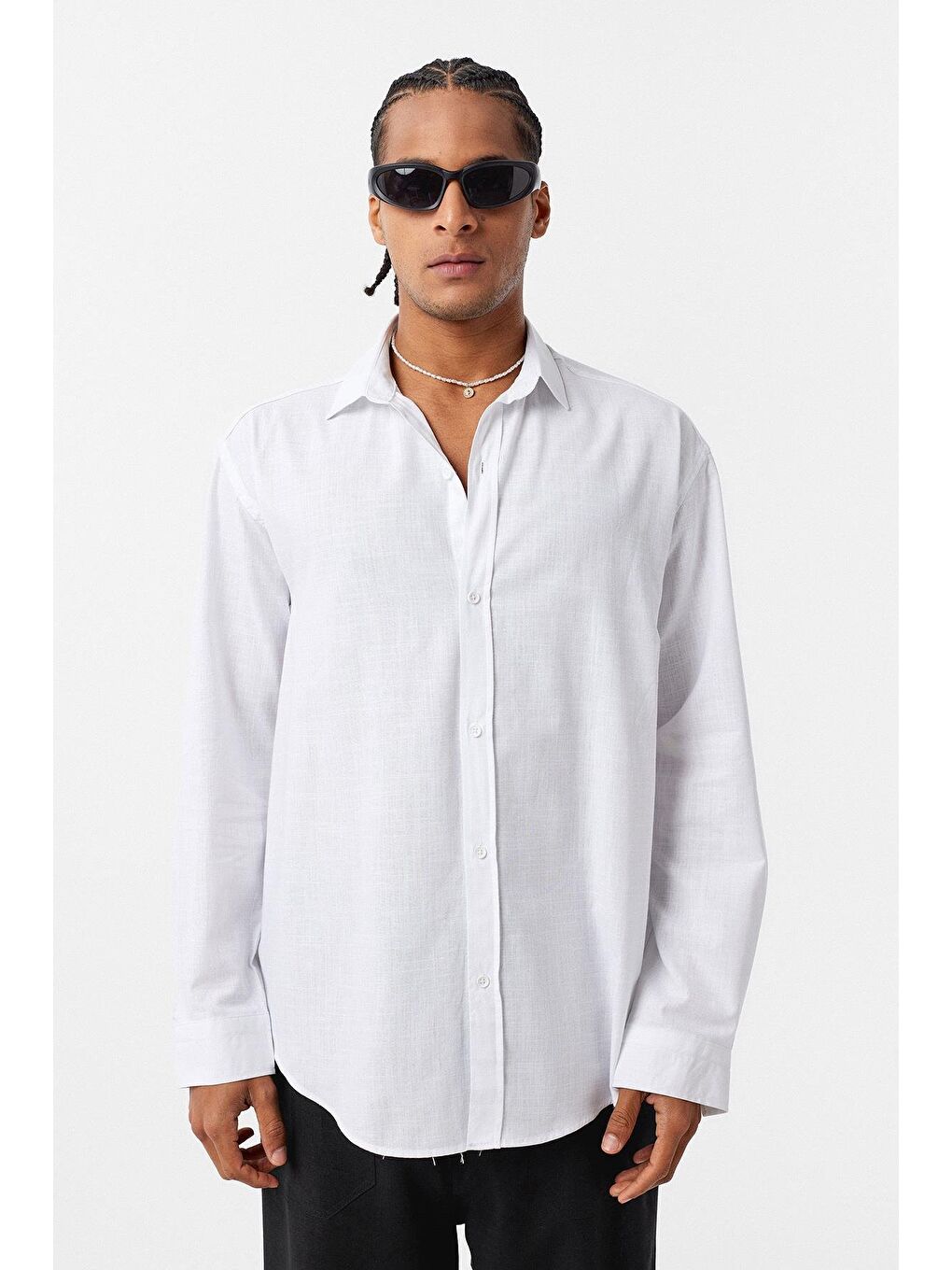 Basic Oversize Pamuk Keten Gömlek Beyaz