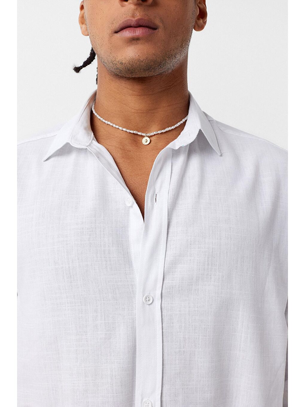 Basic Oversize Pamuk Keten Gömlek Beyaz-3