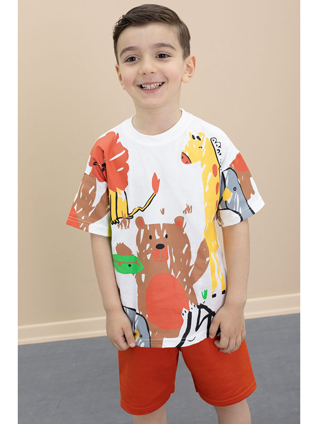 Beyaz Erkek Çocuk Sevimli Hayvan Baskılı 2li Şortlu Takım 21099-1