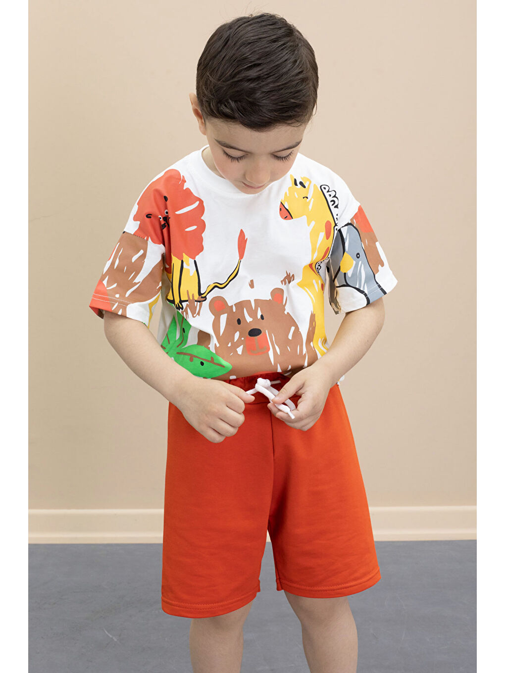 Beyaz Erkek Çocuk Sevimli Hayvan Baskılı 2li Şortlu Takım 21099-2