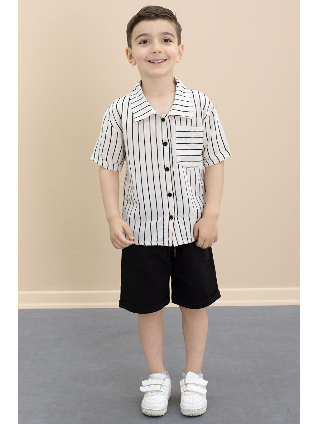 Gri Erkek Çocuk Çizgil Gömlekli Şortlu 2li Takım 21098