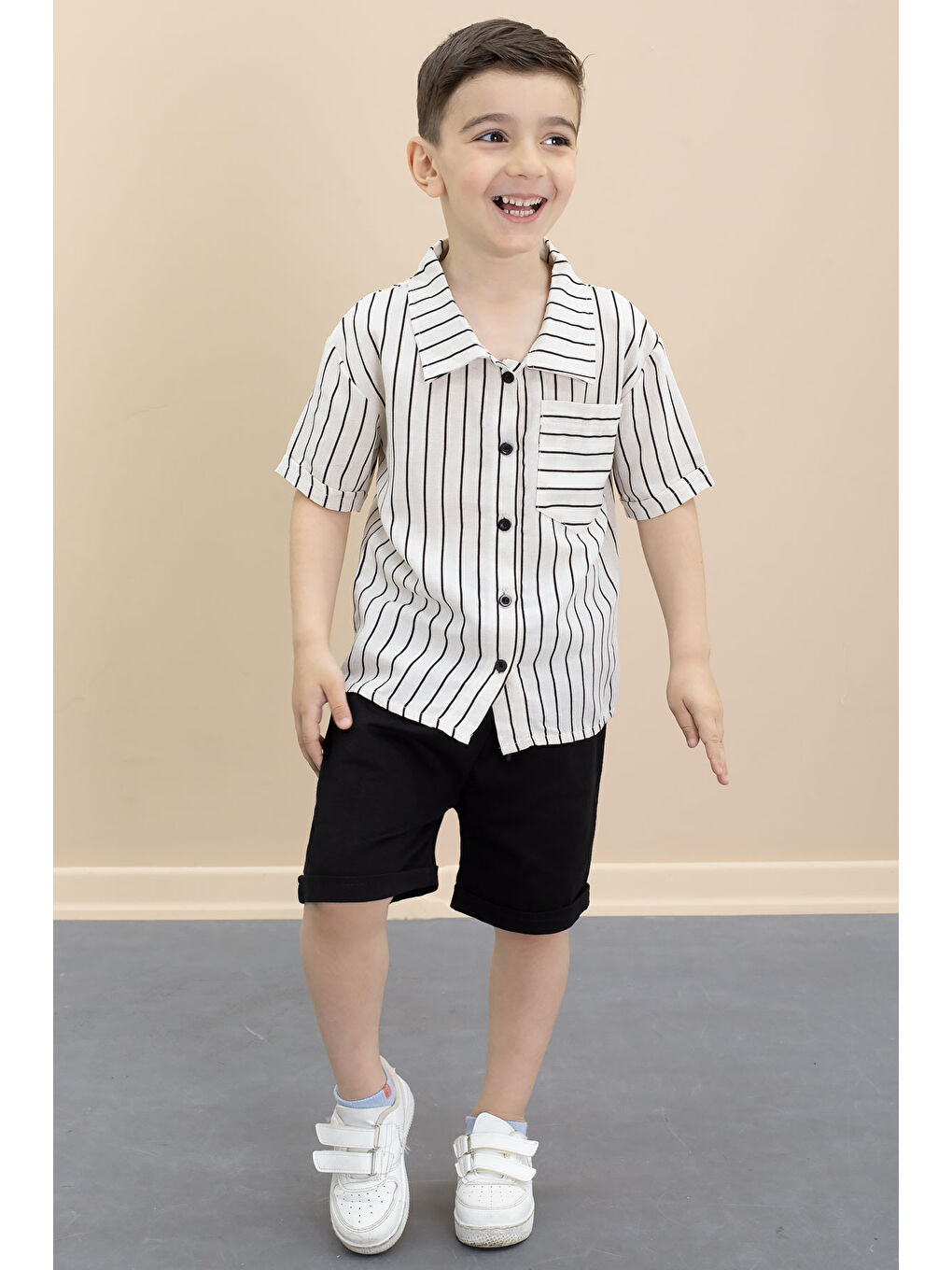 Gri Erkek Çocuk Çizgil Gömlekli Şortlu 2li Takım 21098-1