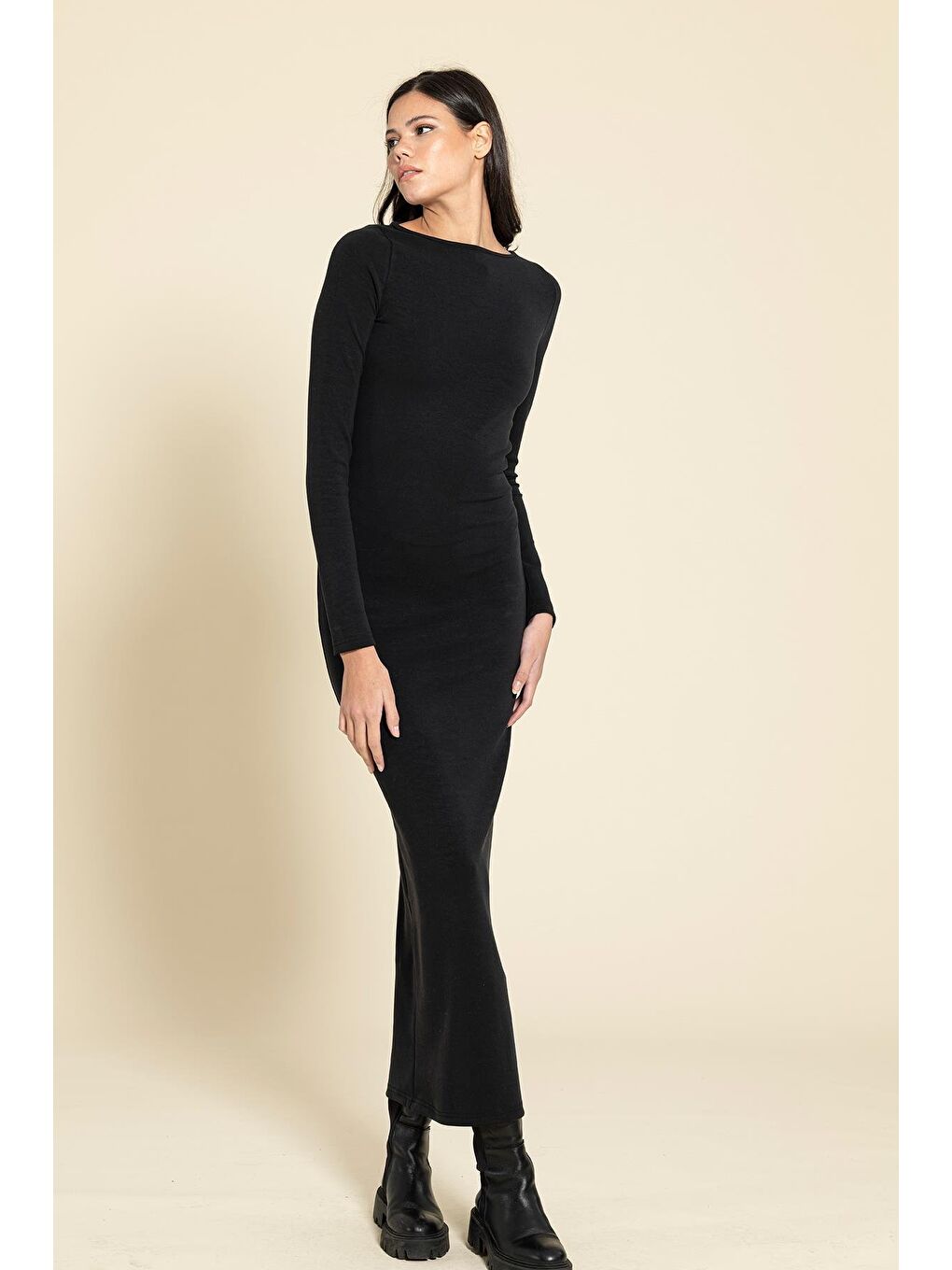 Siyah Cupra Kumaş Uzun Elbise-1