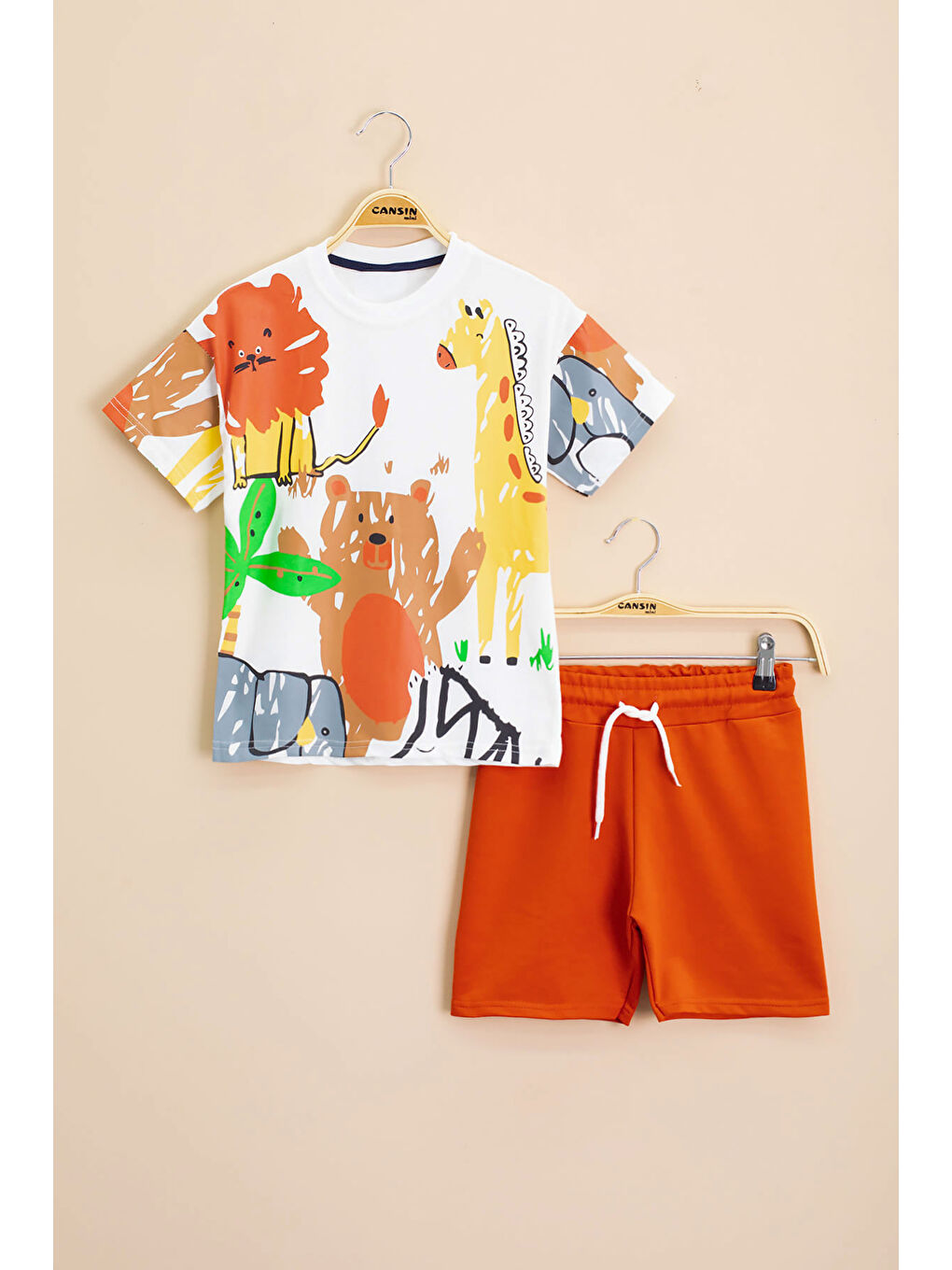 Beyaz Erkek Çocuk Sevimli Hayvan Baskılı 2li Şortlu Takım 21099-4