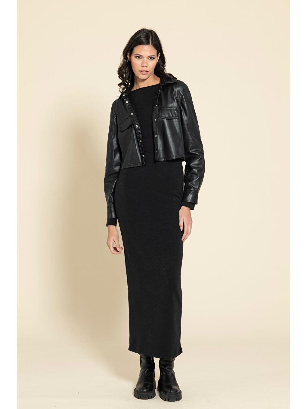 Siyah Cupra Kumaş Uzun Elbise-2