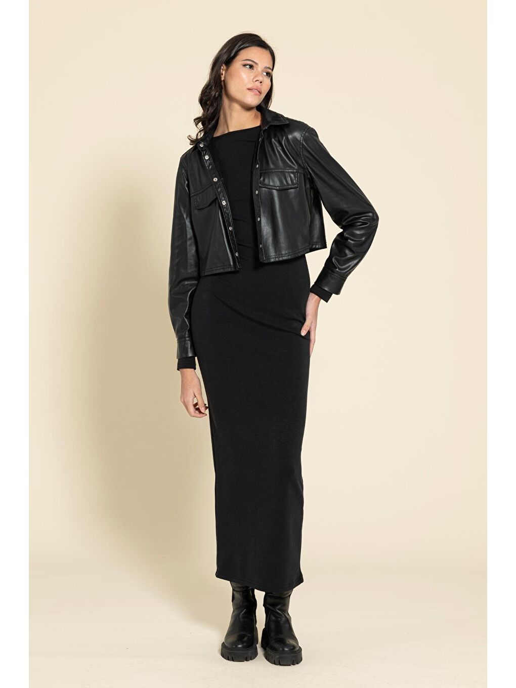 Siyah Cupra Kumaş Uzun Elbise-3