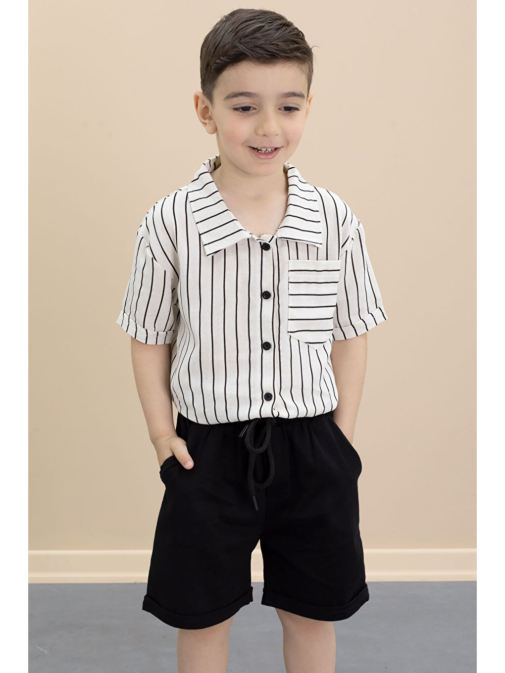 Gri Erkek Çocuk Çizgil Gömlekli Şortlu 2li Takım 21098-2