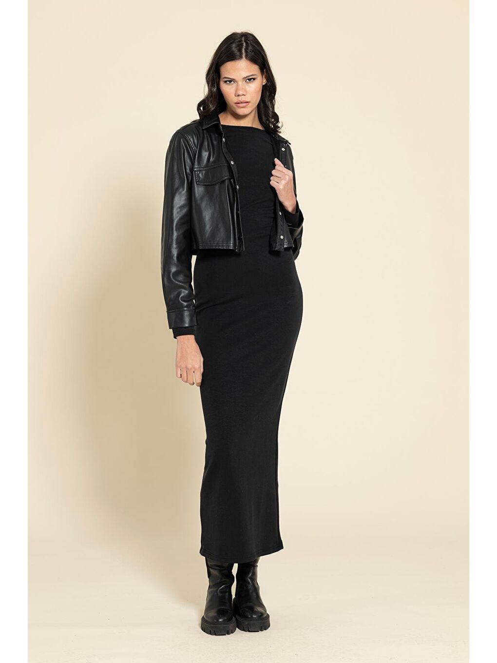 Siyah Cupra Kumaş Uzun Elbise-4