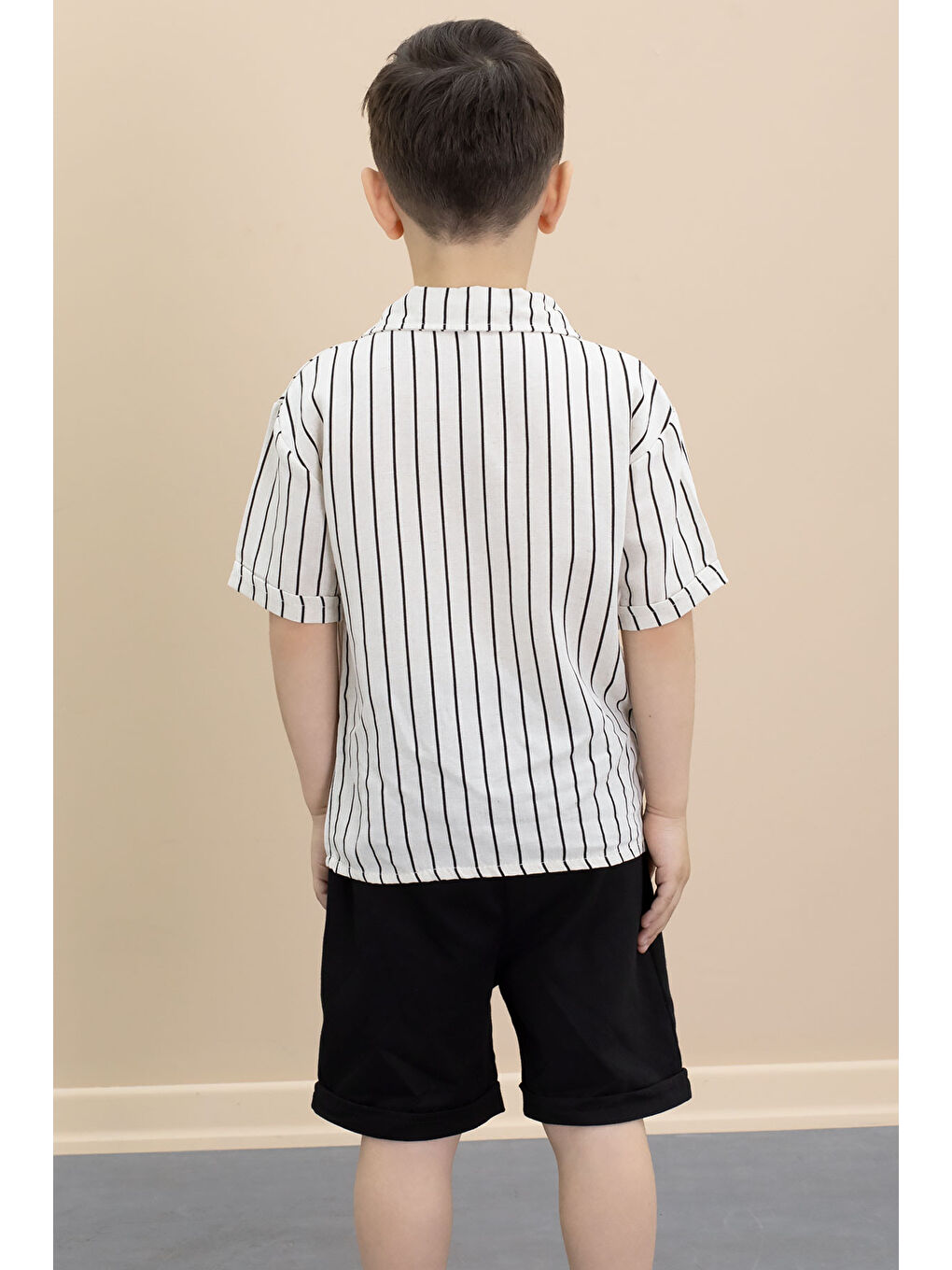 Gri Erkek Çocuk Çizgil Gömlekli Şortlu 2li Takım 21098-3
