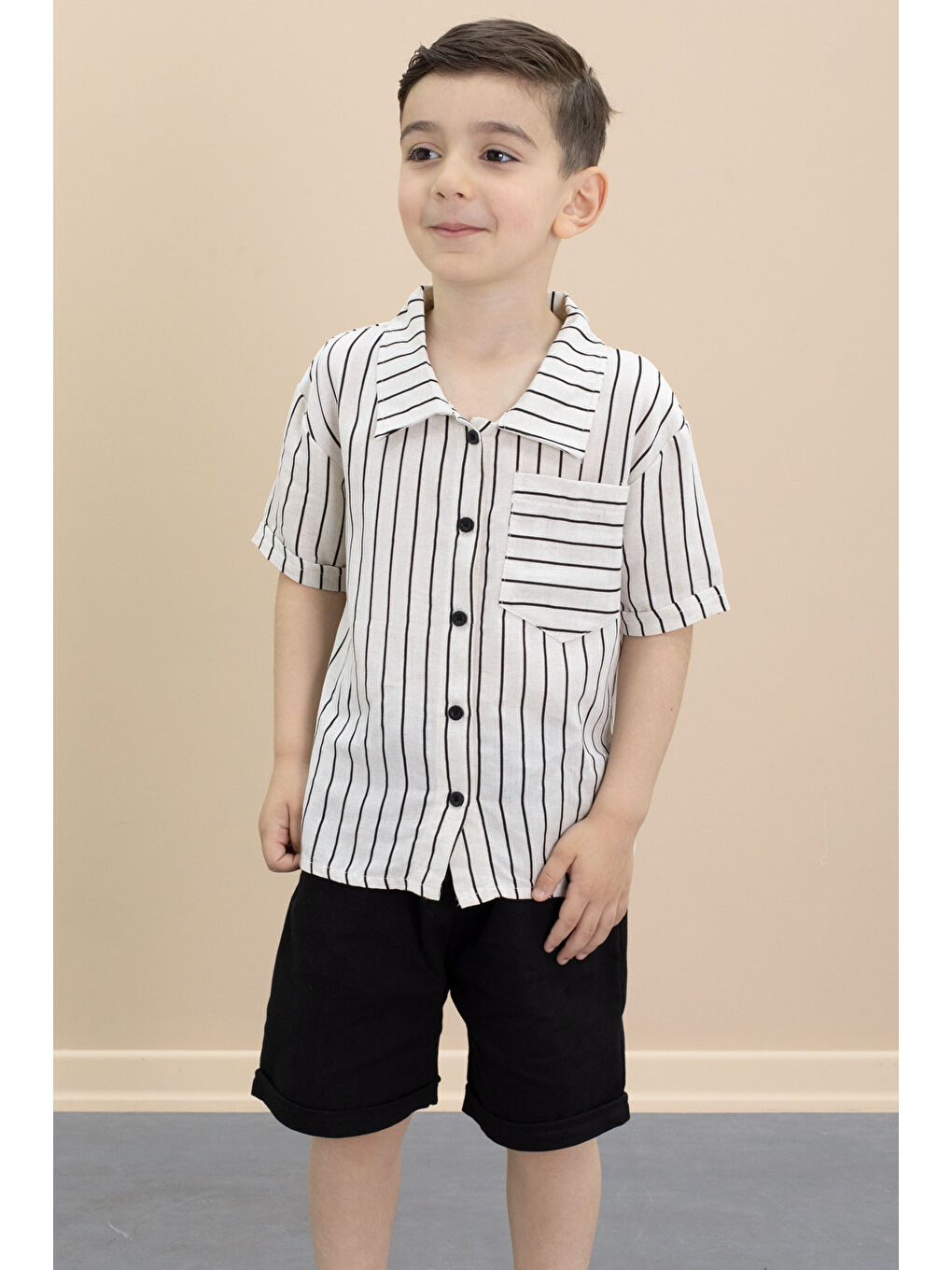 Gri Erkek Çocuk Çizgil Gömlekli Şortlu 2li Takım 21098-4