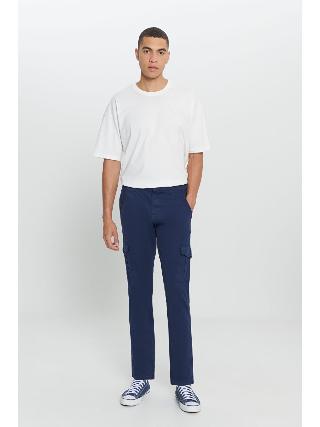 Erkek Lacivert Ekstra Slim Fit Dar Kesim Kargo Cepli Pamuklu Esnek Pantolon-2