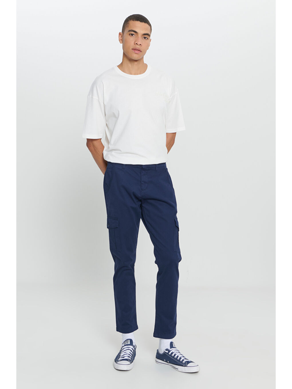 Erkek Lacivert Ekstra Slim Fit Dar Kesim Kargo Cepli Pamuklu Esnek Pantolon-3