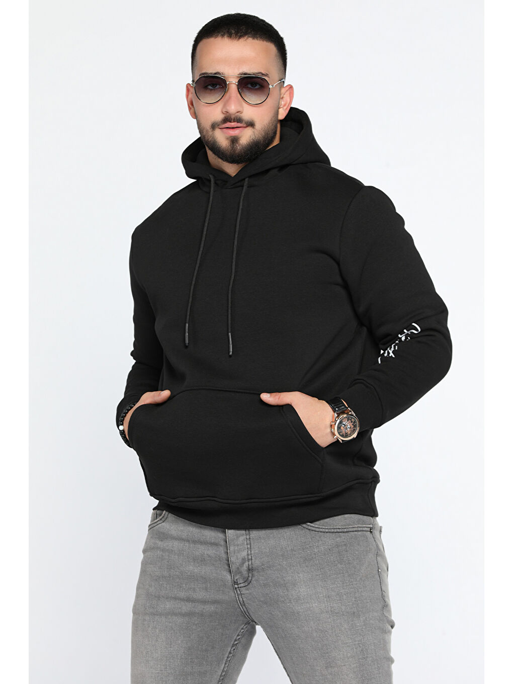 Mishar İtalia Siyah Erkek Kapüşonlu Şardonlu Baskılı Sweatshirt