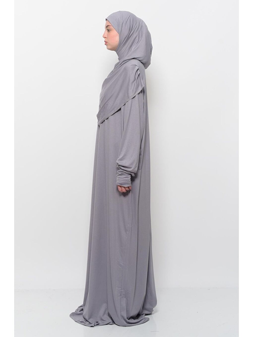Gri Tek Parça Pamuklu Yarasa Kollu Tak Çıkar Başörtülü Organik Terletmez Namaz Elbisesi-3