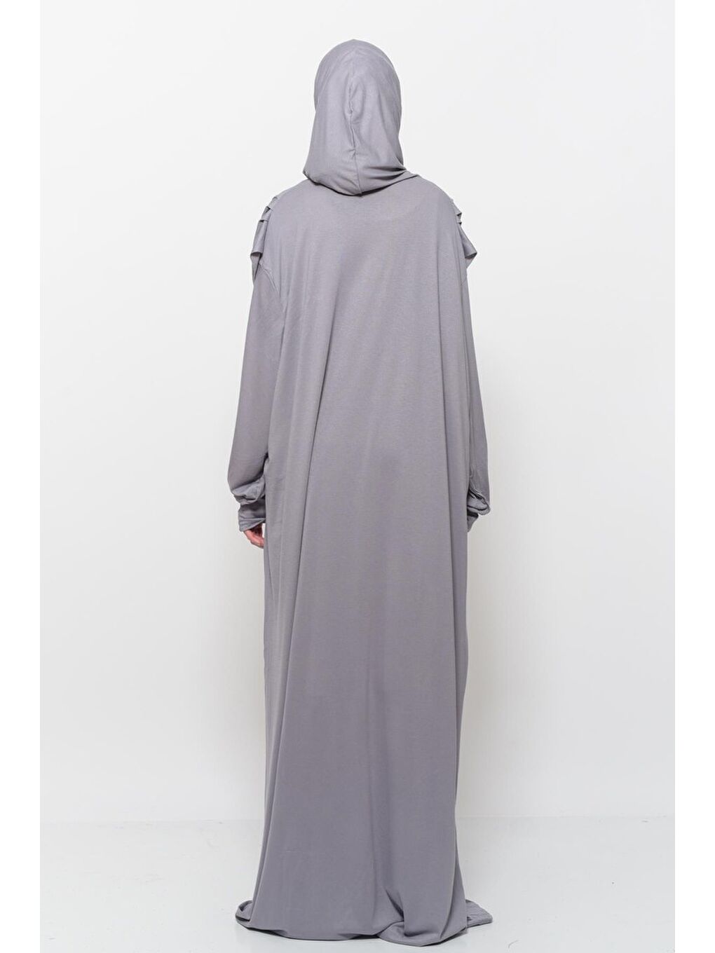 Gri Tek Parça Pamuklu Yarasa Kollu Tak Çıkar Başörtülü Organik Terletmez Namaz Elbisesi-4