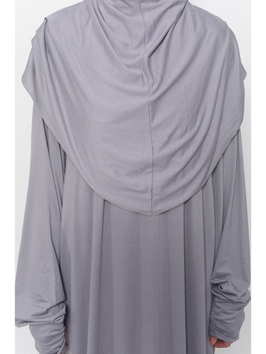 Gri Tek Parça Pamuklu Yarasa Kollu Tak Çıkar Başörtülü Organik Terletmez Namaz Elbisesi-5