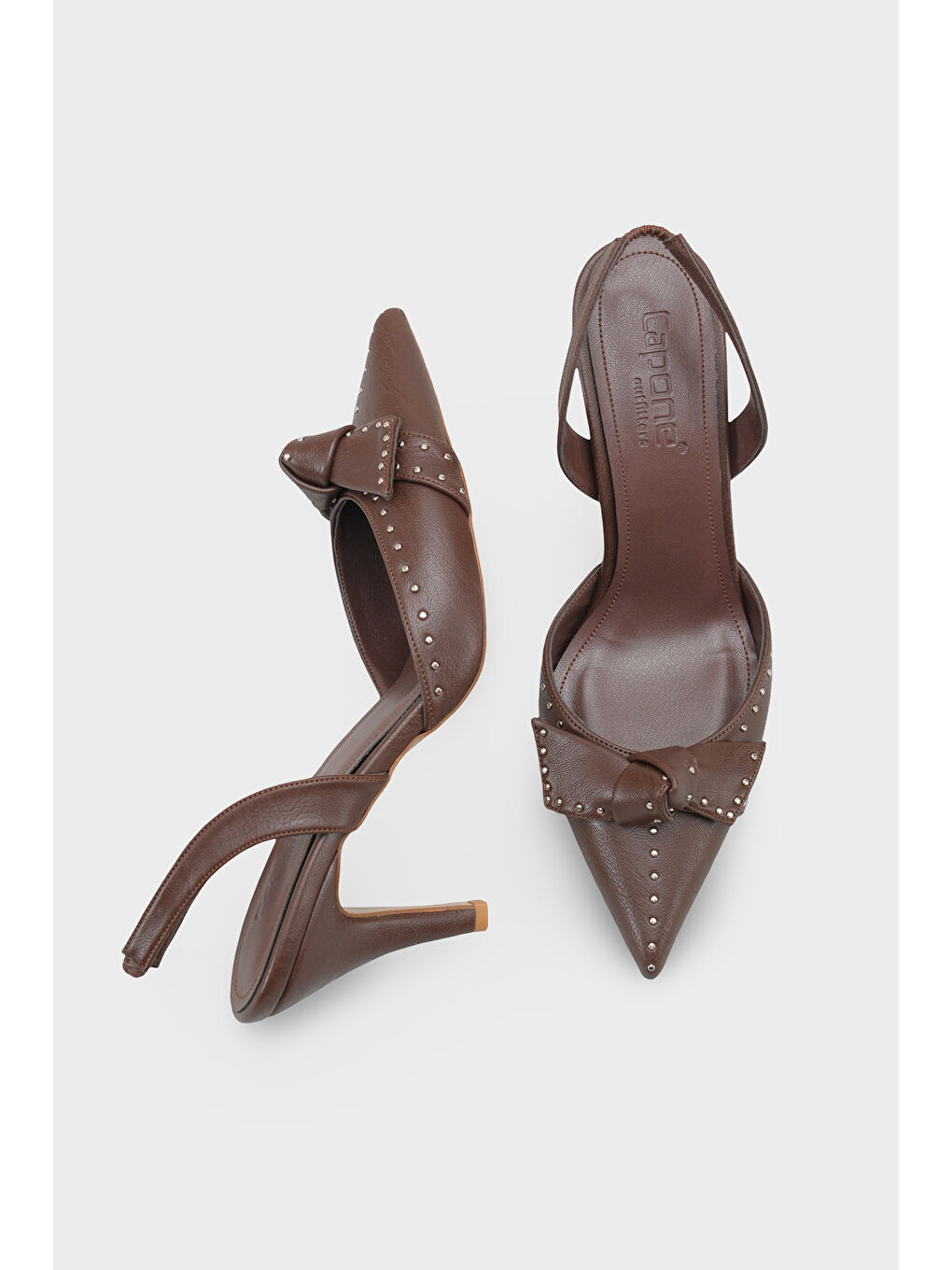 Kahverengi Gisela Orta Topuklu Metal Zımbalı Fiyonklu Arkası Açık Kadın Ayakkabı-4