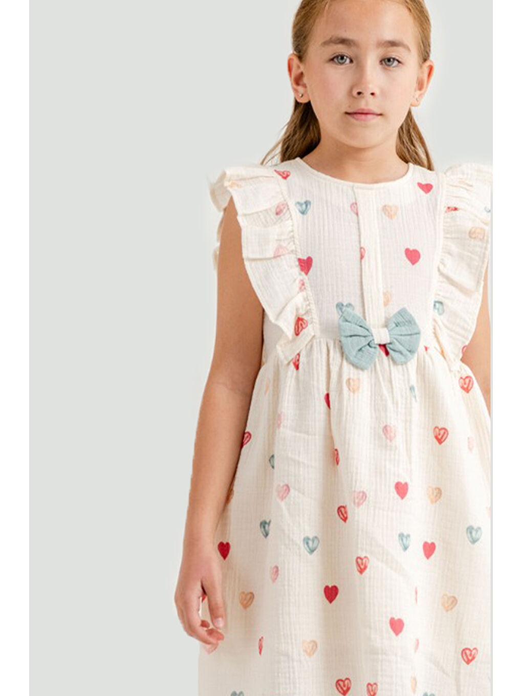 Yeşil Kalp Baskılı Fiyonk Detaylı Müslin Kız Çocuk Elbise 21081-1