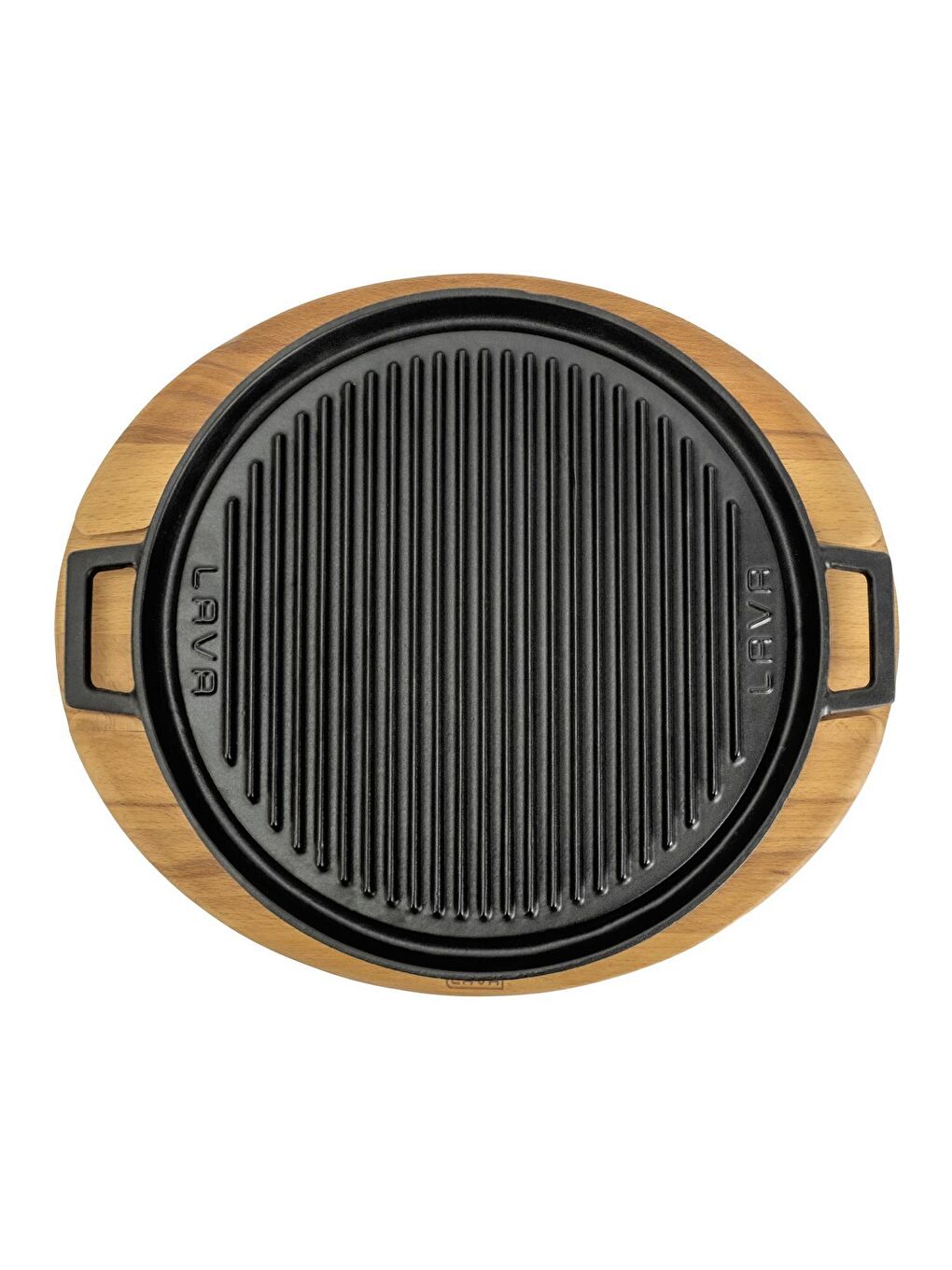 Siyah Yuvarlak Çift Yön Izgara Tavası Kayın Servis Ahşabı Döküm Demir Yekpare Çift Kulplu Çap(Ø)28cm.