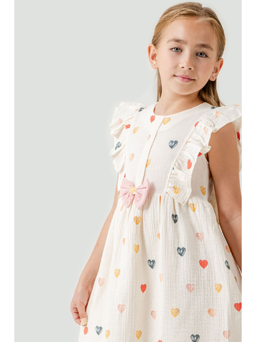 Pembe Kalp Baskılı Fiyonk Detaylı Müslin Kız Çocuk Elbise 21080-1