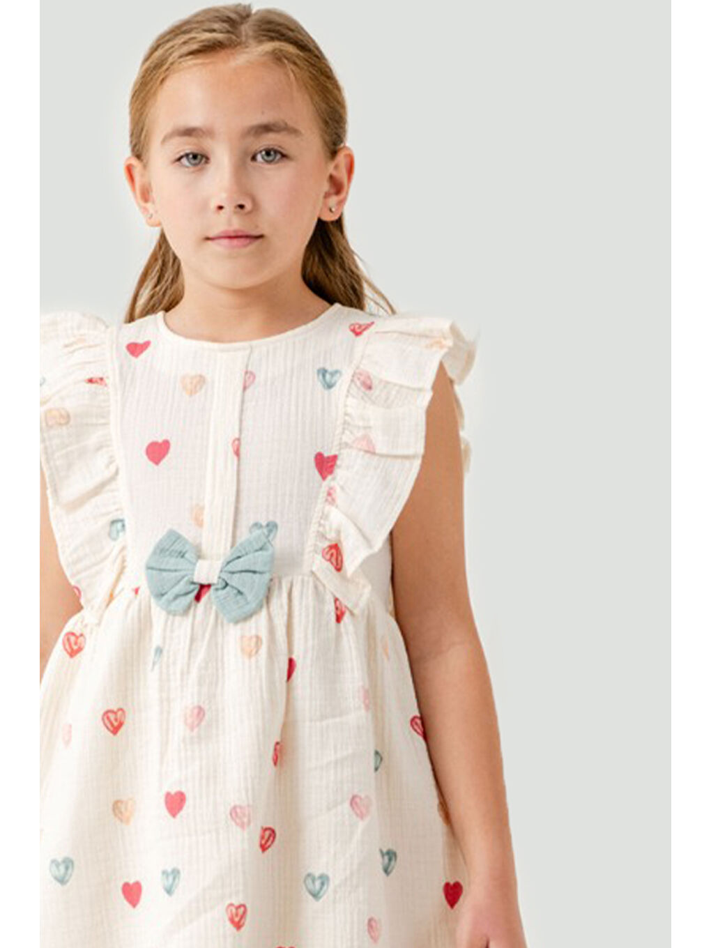 Yeşil Kalp Baskılı Fiyonk Detaylı Müslin Kız Çocuk Elbise 21081-2