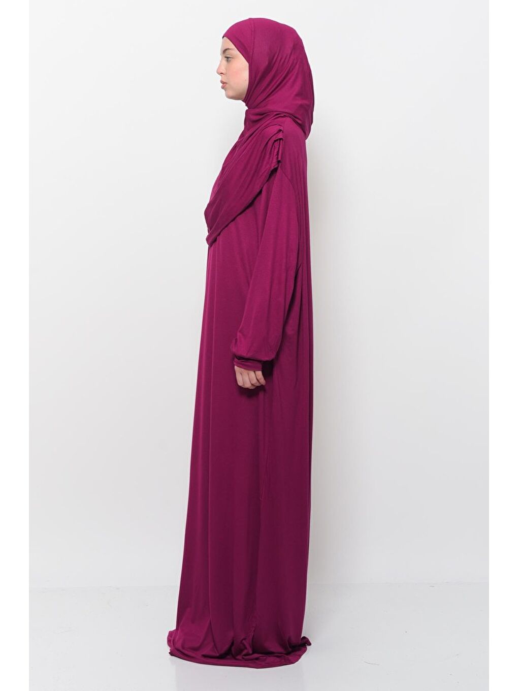 Fuşya Tek Parça Pamuklu Yarasa Kollu Tak Çıkar Başörtülü Organik Terletmez Elbise-19449-3