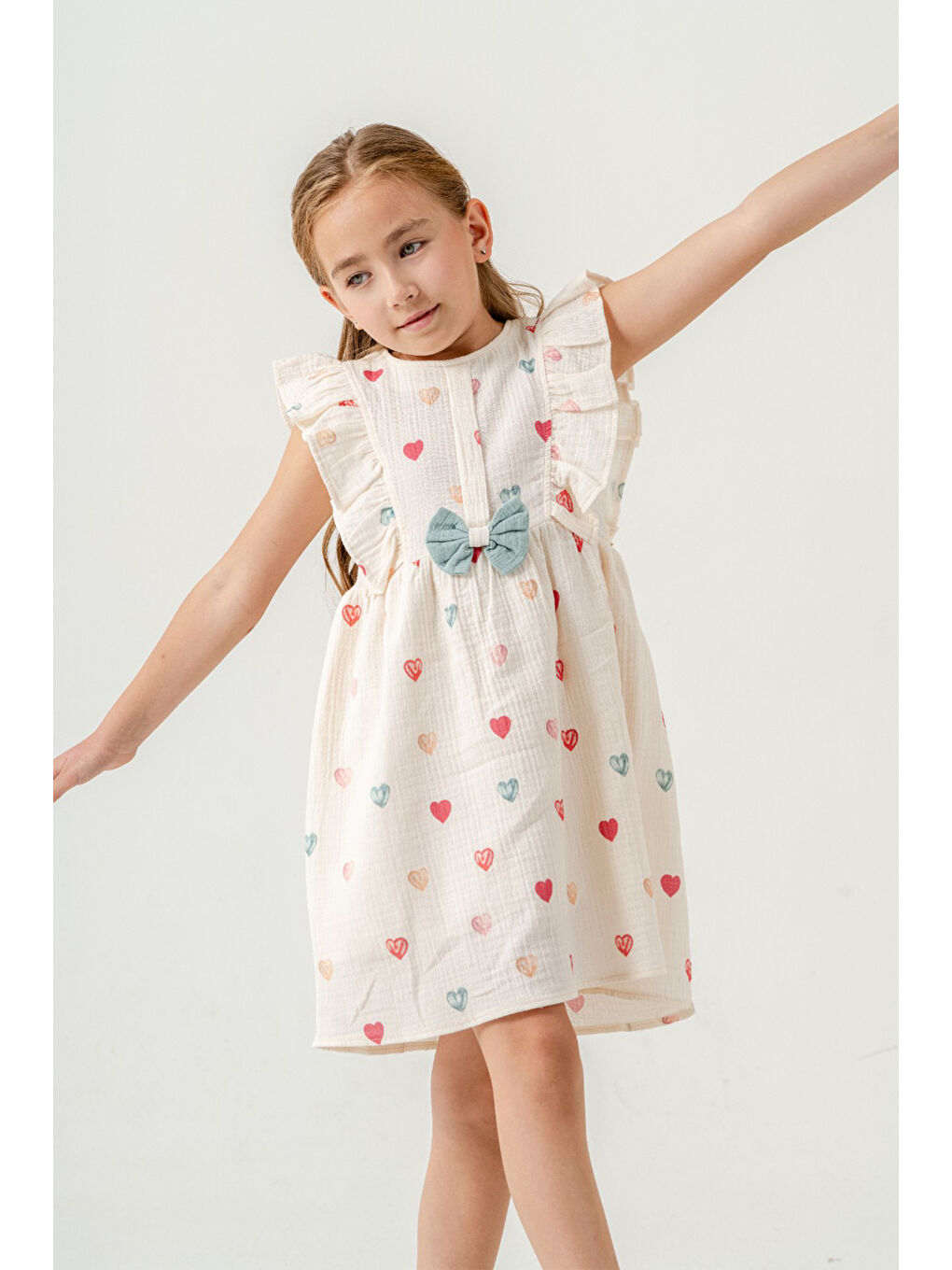 Yeşil Kalp Baskılı Fiyonk Detaylı Müslin Kız Çocuk Elbise 21081-3