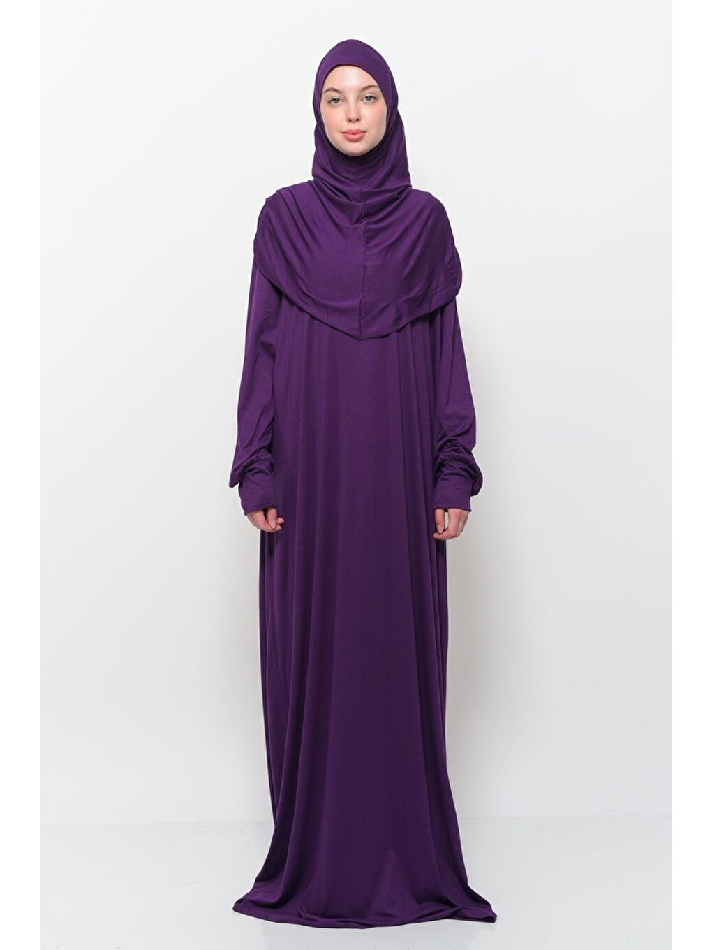 Mürdüm Tek Parça Pamuklu Yarasa Kollu Tak Çıkar Başörtülü Organik Terletmez Elbise-20036