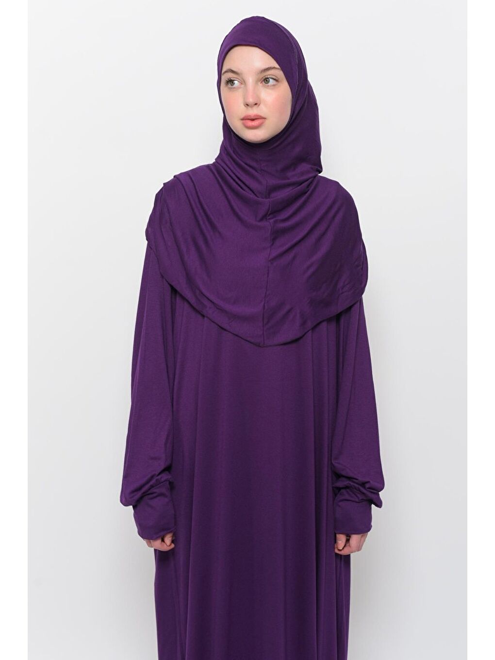 Mürdüm Tek Parça Pamuklu Yarasa Kollu Tak Çıkar Başörtülü Organik Terletmez Elbise-20036-1