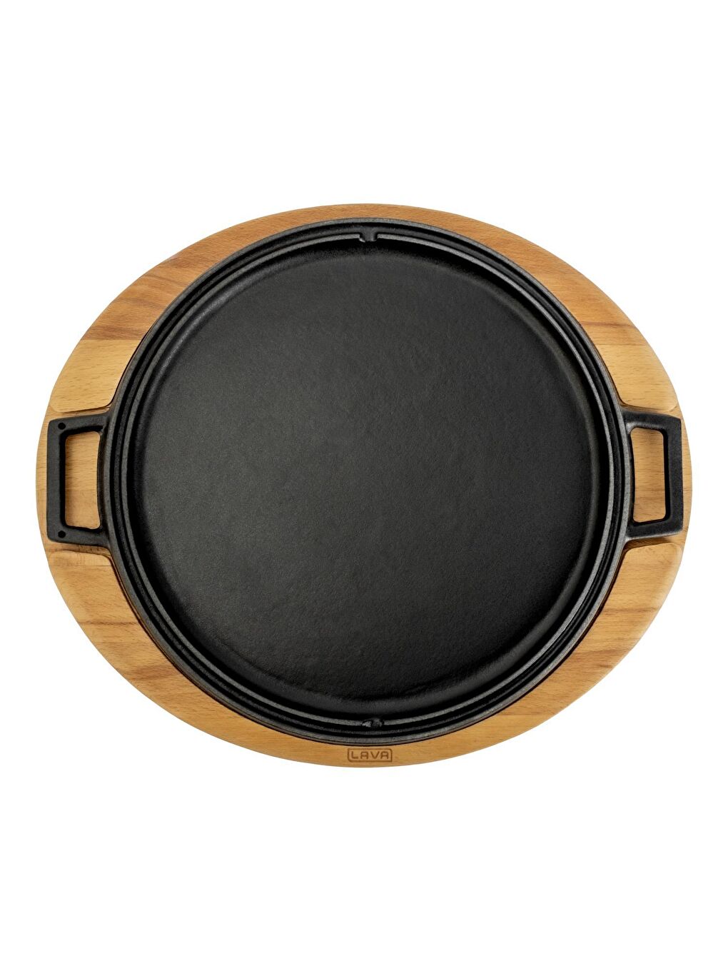 Siyah Yuvarlak Çift Yön Izgara Tavası Kayın Servis Ahşabı Döküm Demir Yekpare Çift Kulplu Çap(Ø)28cm.-1