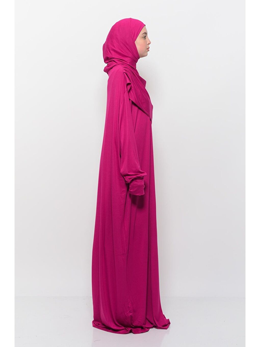 Fuşya Tek Parça Pamuklu Yarasa Kollu Tak Çıkar Başörtülü Organik Terletmez Namaz Elbisesi-2