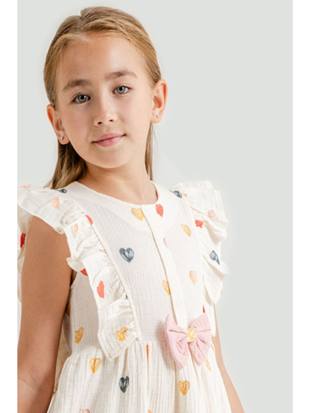 Pembe Kalp Baskılı Fiyonk Detaylı Müslin Kız Çocuk Elbise 21080-3