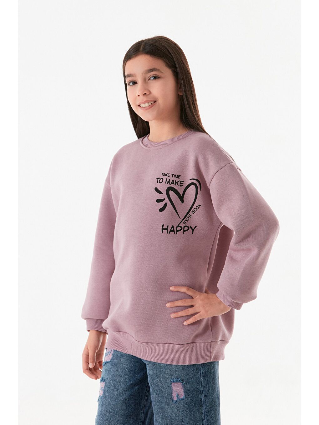 Fullamoda Pembe 3 İplik Kalp Ve Yazı Baskılı Kız Çocuk Sweatshirt