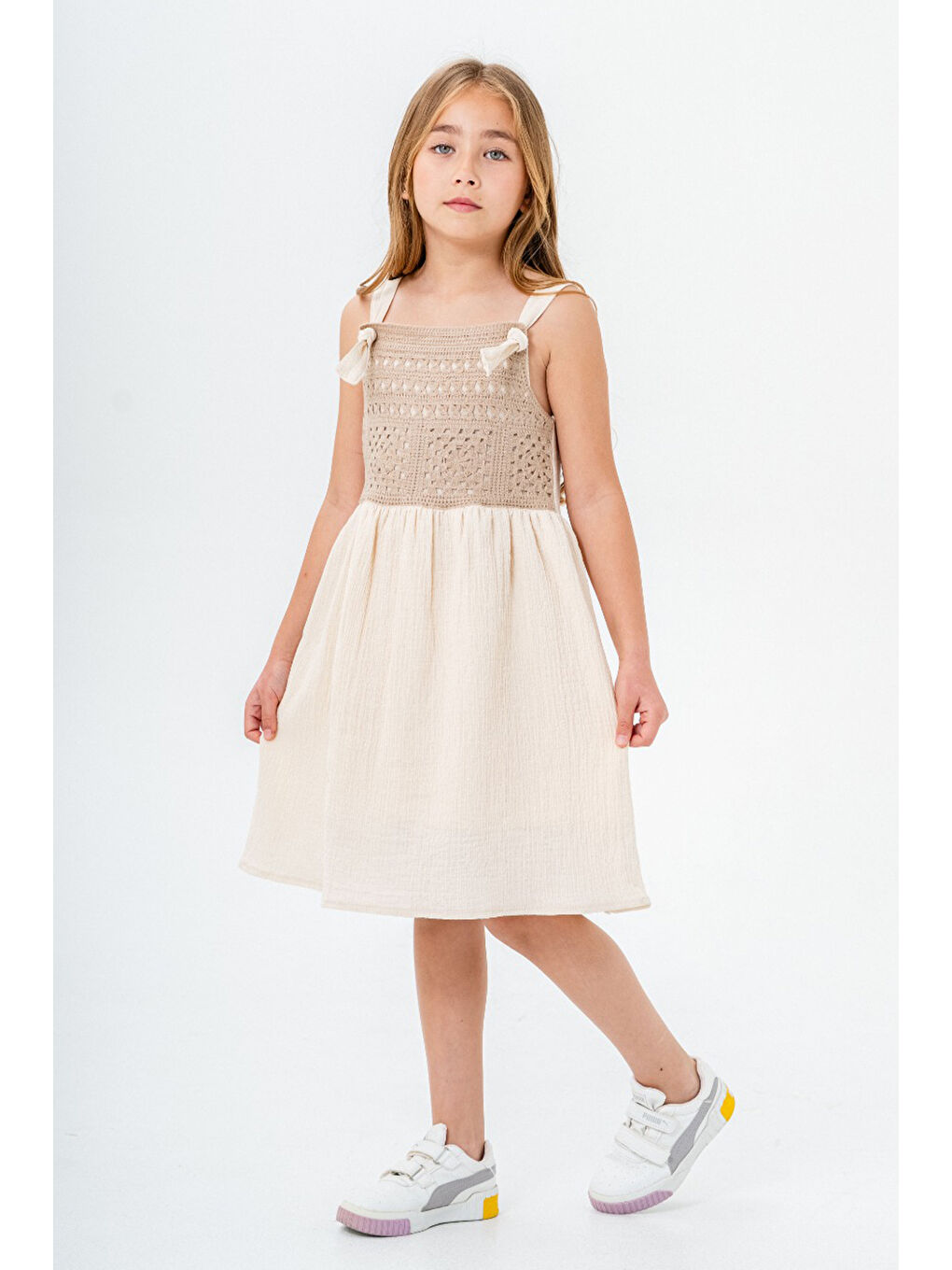 Gri Dantel Detaylı Müslin Kız Çocuk Elbise 21086-3