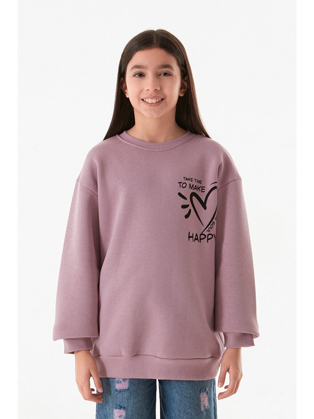 Fullamoda Pembe 3 İplik Kalp Ve Yazı Baskılı Kız Çocuk Sweatshirt - 1