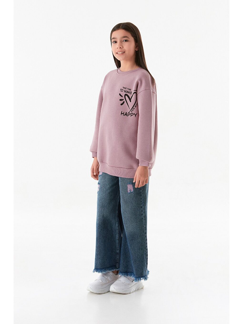 Fullamoda Pembe 3 İplik Kalp Ve Yazı Baskılı Kız Çocuk Sweatshirt - 2