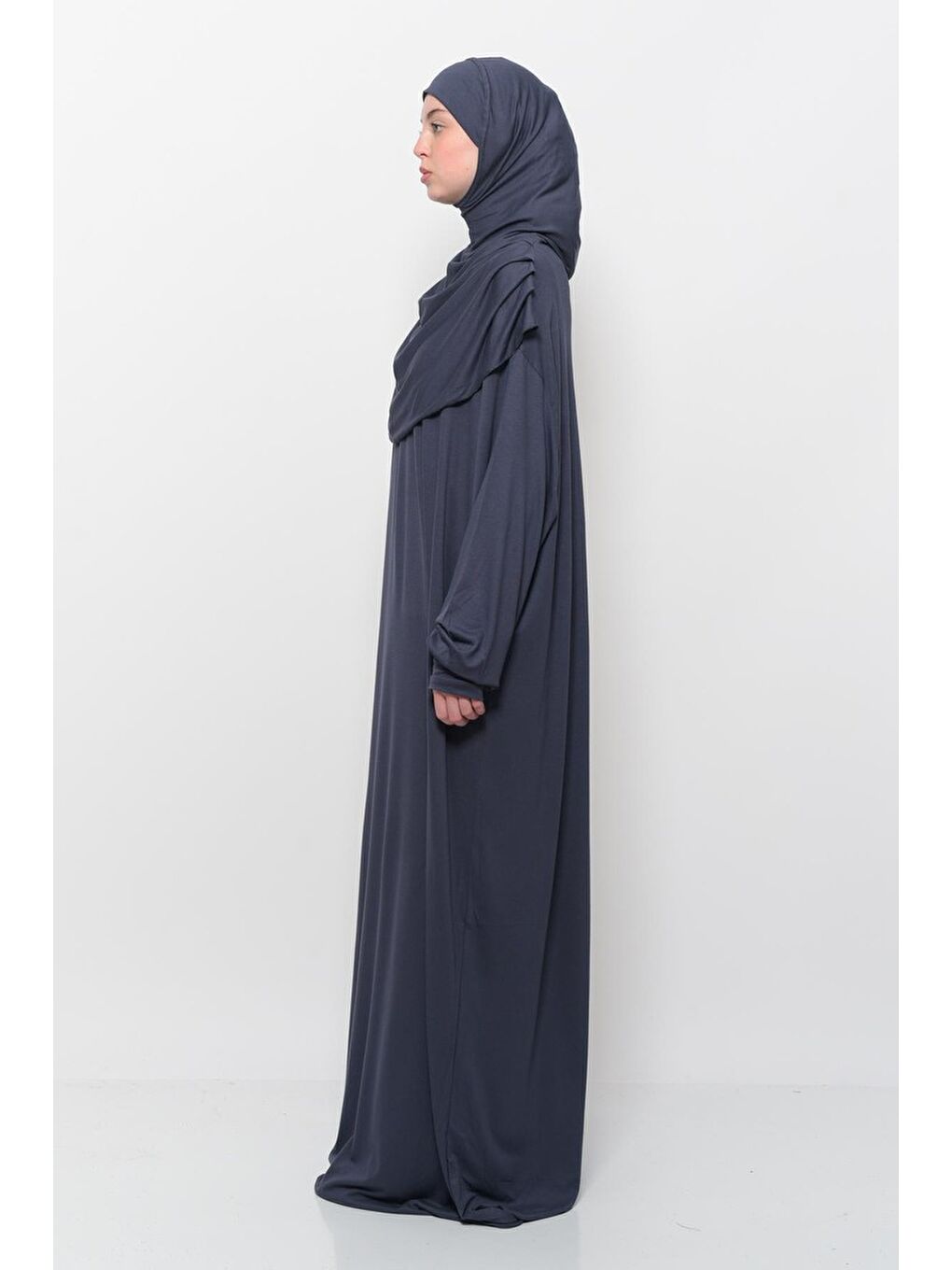 Gri Tek Parça Pamuklu Yarasa Kollu Tak Çıkar Başörtülü Organik Terletmez Namaz Elbisesi-3