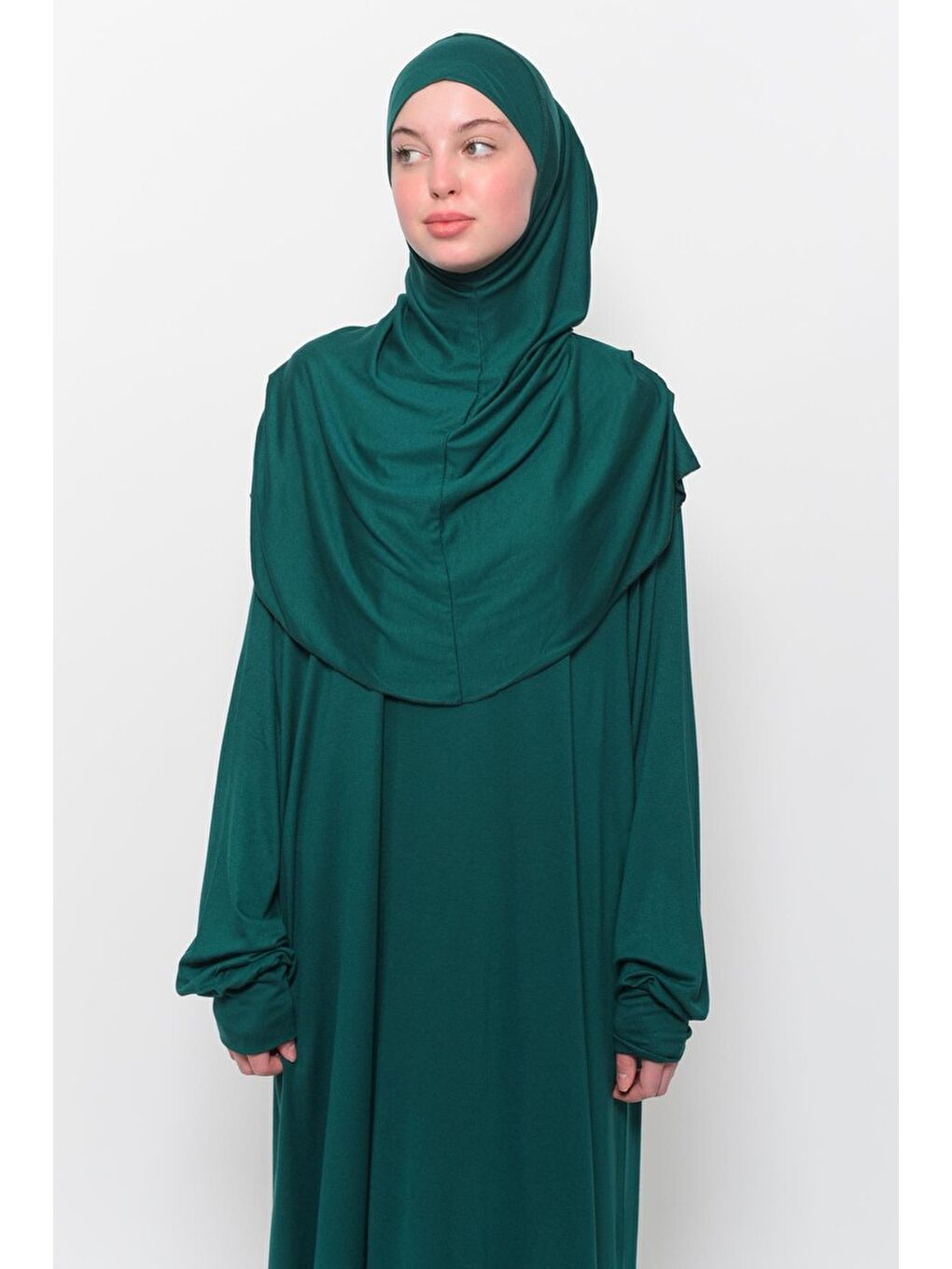 Yeşil Tek Parça Pamuklu Yarasa Kollu Tak Çıkar Başörtülü Organik Terletmez Namaz Elbisesi-1